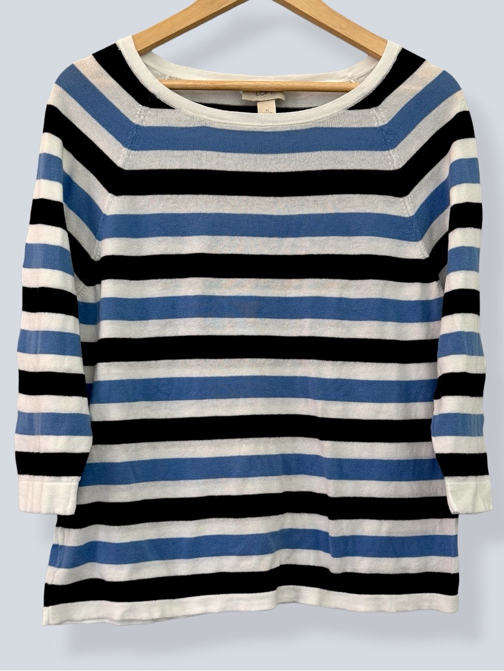 LOFT Boat Neck Knit Top 3/4 Sleeve Blue Black White Striped XL